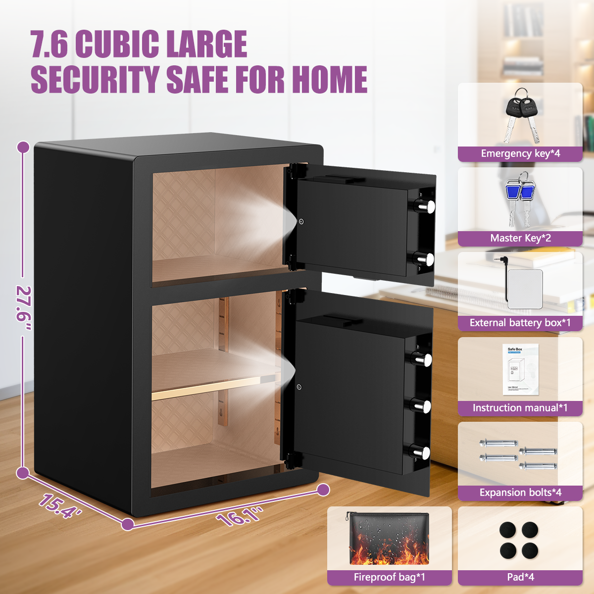 BESAFETY 7.6 Cuft Large Double Door Safe Box, Digital Keypad Home Security Safe With Fireproof Waterproof Bag & Adjustable Shelf